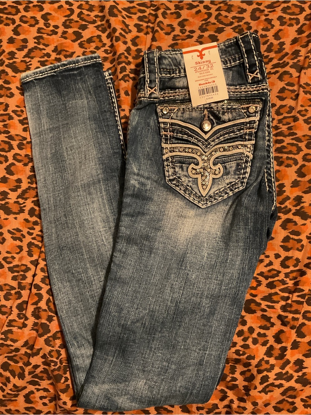 Rock Revival Distressed Blue Skinny Jeans with Embellished Back Pockets